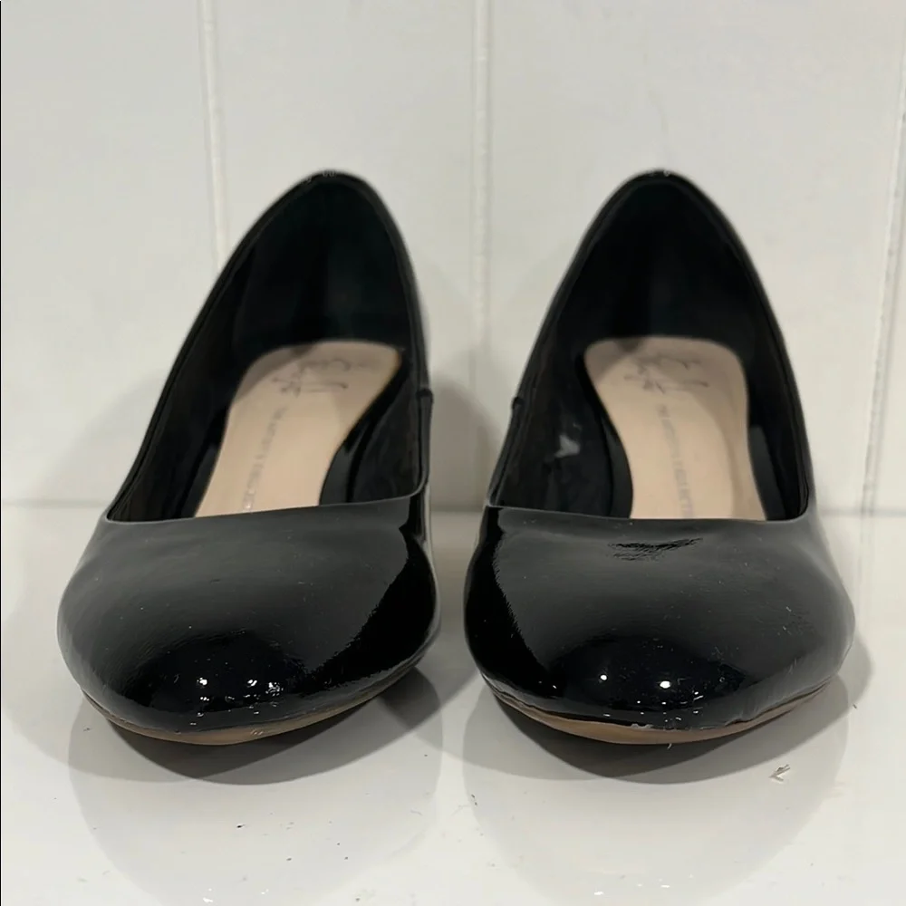 Franco Sarto Black and Tan Wedge Shoes patent leather straw wedge pump